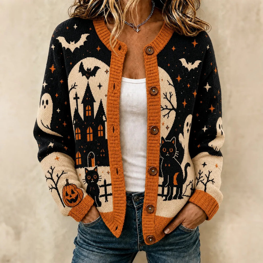 Women's Halloween Black Cat And Pumpkin Pattern Knit Cardigan