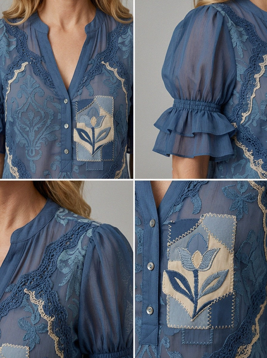 Women's Western Vintage Floral Patchwork Printed Blouse