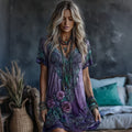 Women's Vintage Rose Art Embroidery V Neck Midi Dress