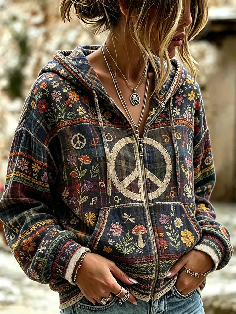 Women's Vintage Floral And Peace Symbol Art Plaid Casual Hoodie