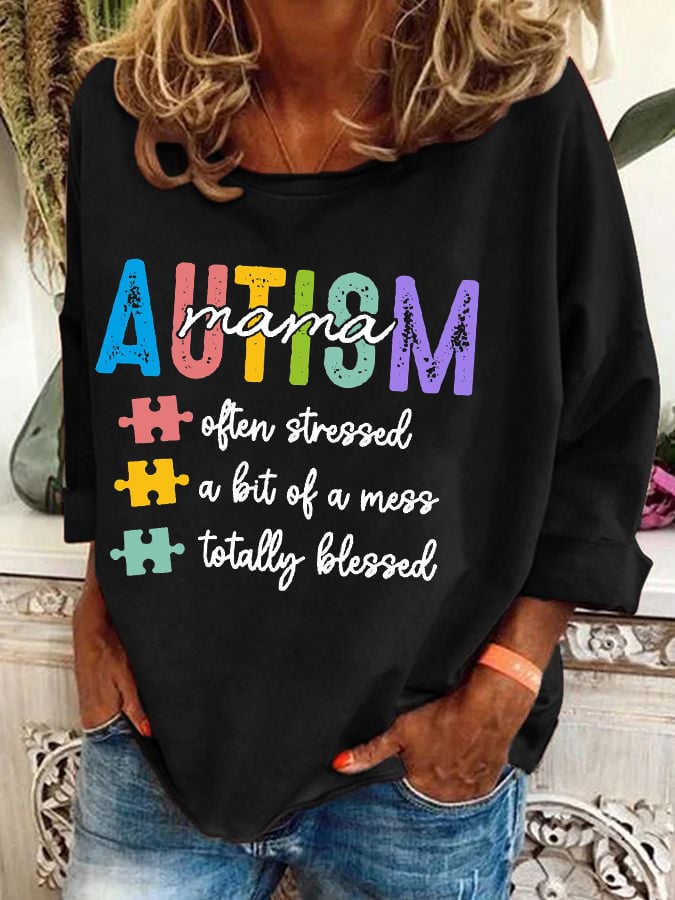 Women's Always Blessed Autism Mama Awareness Print Long Sleeve T-Shirt