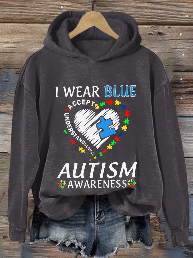 Women'S  I Wear Blue For Autism Awareness Print Casual Hoodie