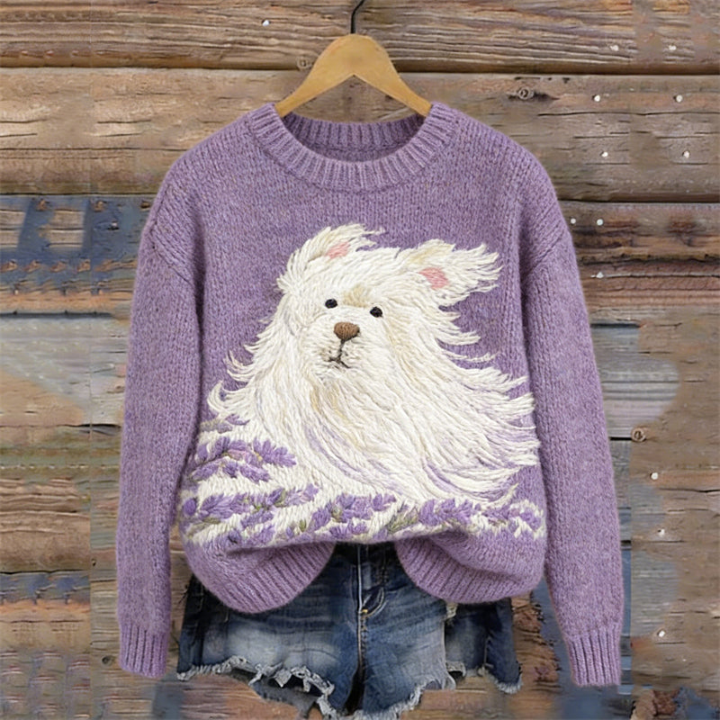 Fuzzy Dog & Lavender In The Wind Cozy Knit Sweater
