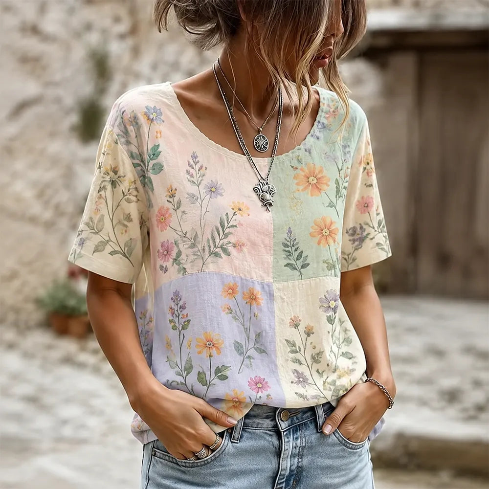 Women's Vintage Patchwork Floral Print Short Sleeve Scoop Neck Blouse