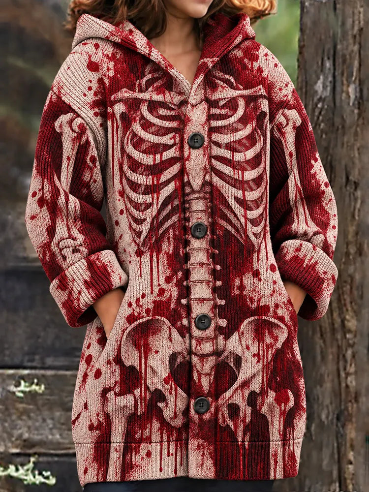 Women's Vintage Blood-stained Human Skeleton Knit Hooded Cardigan