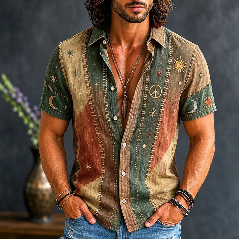 Men's Vintage Patchwork Peace Sign Sun Moon Star Art Print Cotton Linen Shirt