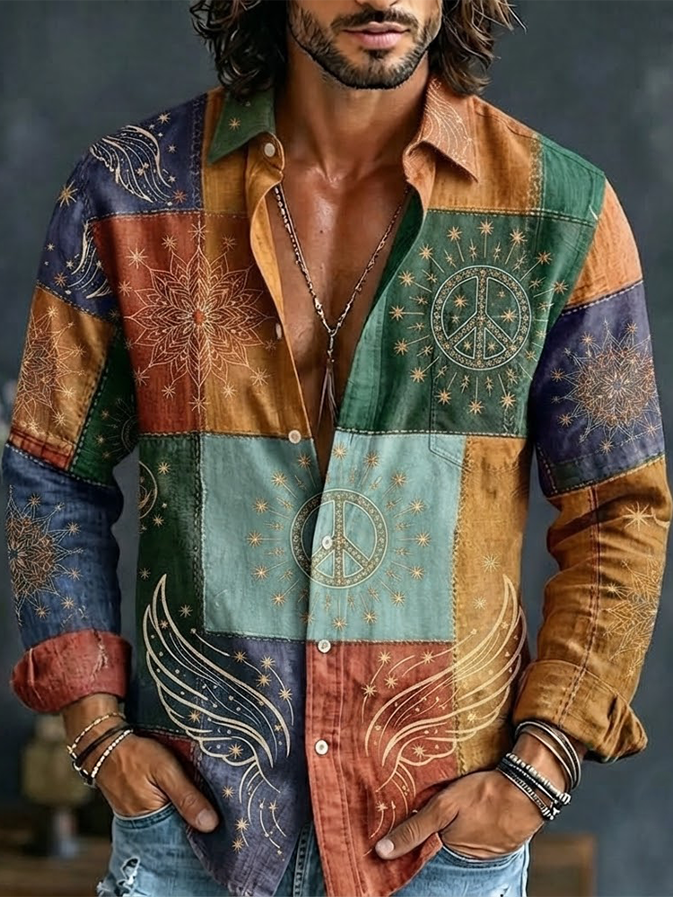 Men's Boho Patchwork Mandala & Peace Sign Print Long-sleeve Shirt