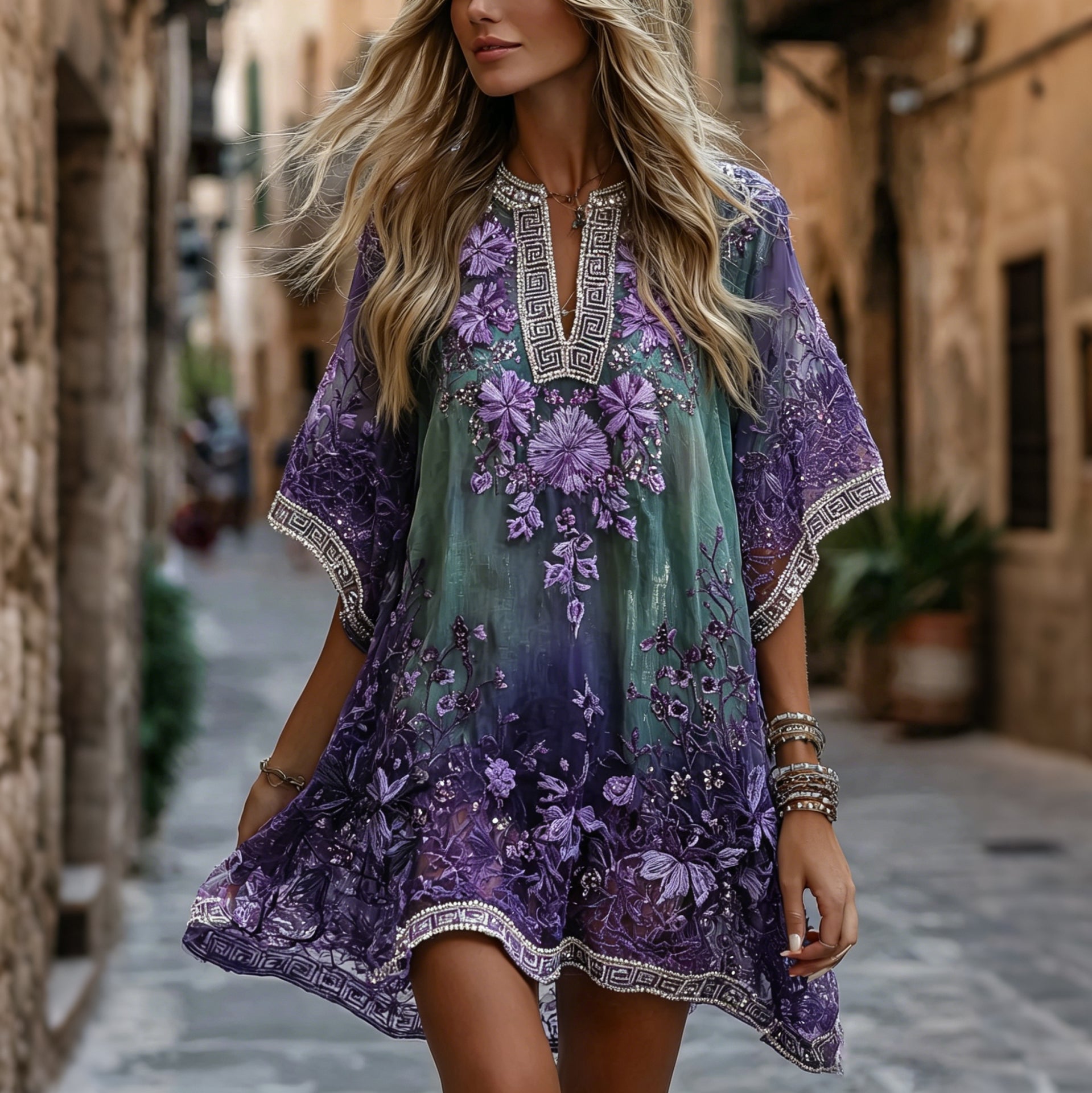 Classy Gradient Purple Lavender And Floral Art Linen Blend Loose Mini Dress