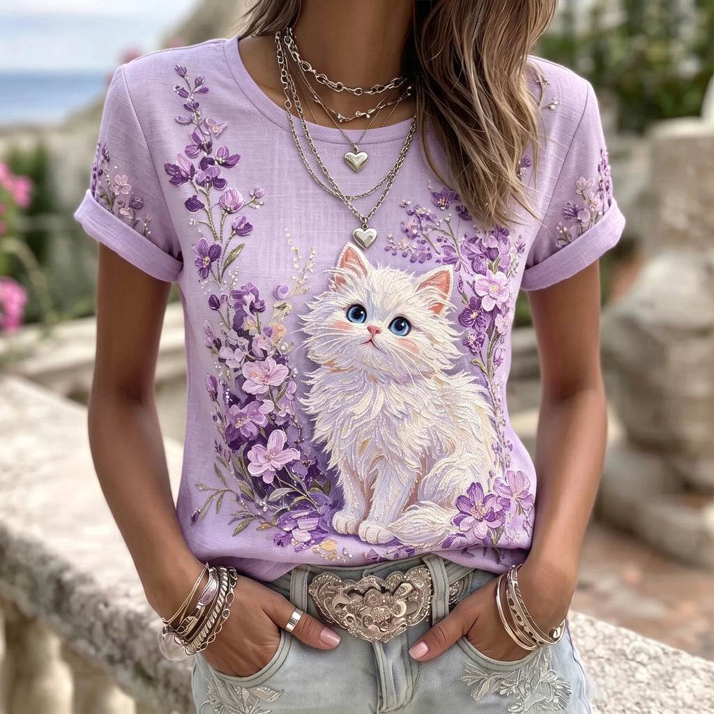 Women's Cute Cat And Flower Art Pattern Crew Neck Short Sleeve T-shirt