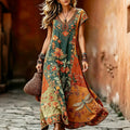 Women's Vintage Hippie Floral And Dragonfly In Patchwork Pattern Art Embroidered Linen Blend Maxi Dress