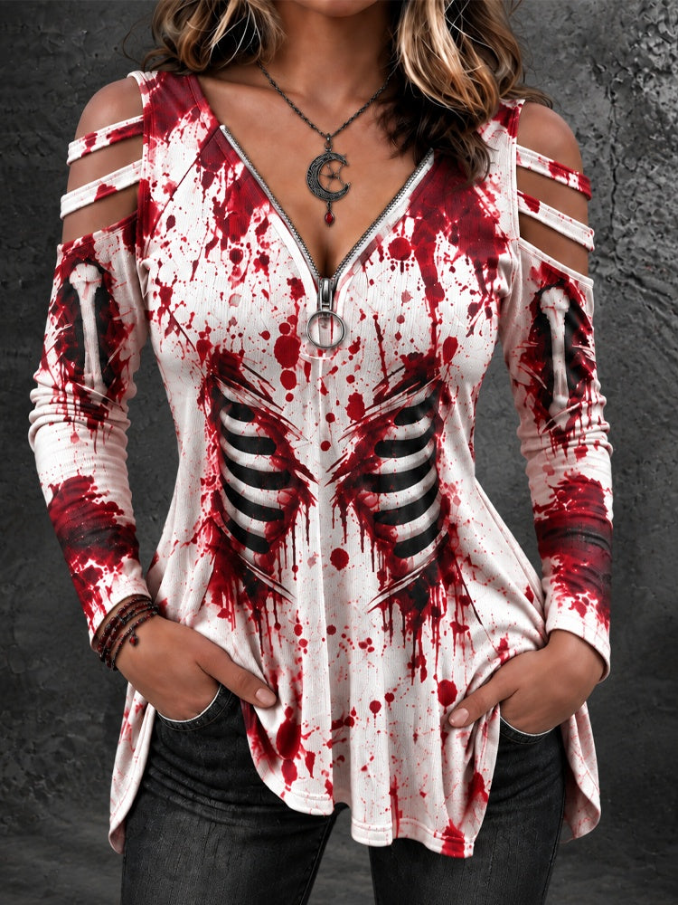 Halloween Gothic Women's Blood-stained Skeleton Print T-shirt