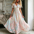 Women's Floral In Macarons Colorful Art Embroidered Linen Blend V Neck Maxi Dress
