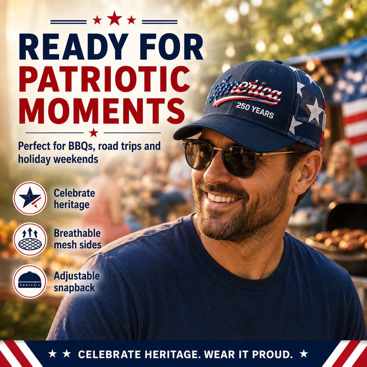 ❤️ 🇺🇸 America 250 Years Patriotic Embroidered Mesh Trucker Cap