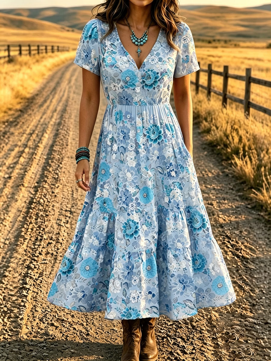 Women'S Western Style V-Neck Short Sleeved Floral Pattern Dress