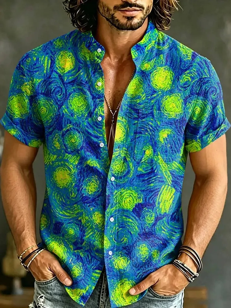 Men's Hippie Starry Sky Swirl Art Print Short Sleeve Stand Collar Shirt