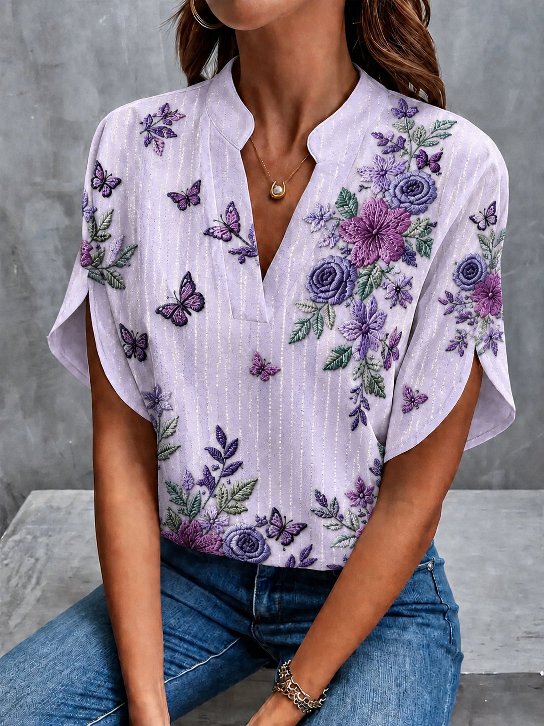 Women's Casual Shirt With A Vintage Purple Print