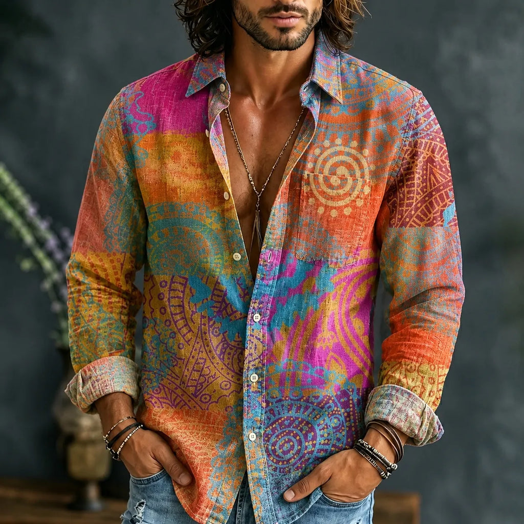 Men's Hippie Mandala Geometric Patchwork Print Long Sleeve Shirt