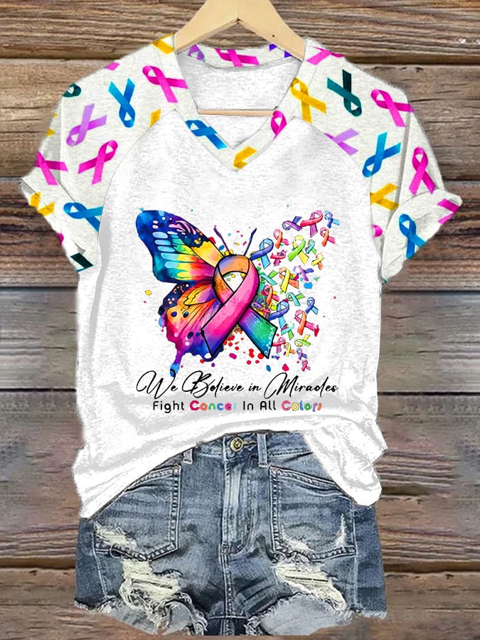 Women's We Believe In Mirades Fight Cancer In All C Lors Print Casual T-Shirt