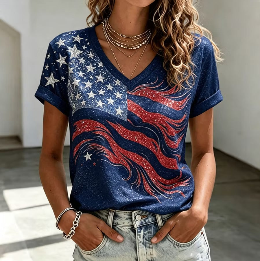Women's Independence Day Flag Print V-neck Short Sleeve T-shirt