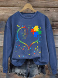 Retro Autism Awarenes I Love You Hand Sign Language Love Heart Puzzle Print Sweatshirt