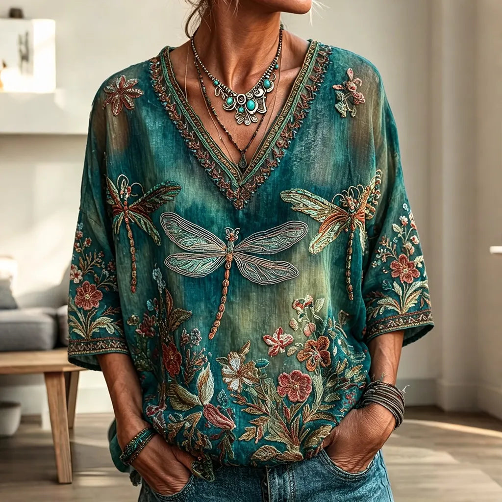 Women's Vintage Floral Dragonfly Art Print Flowy Linen Blend  Three-quarter Sleeve V Neck Linen Tops