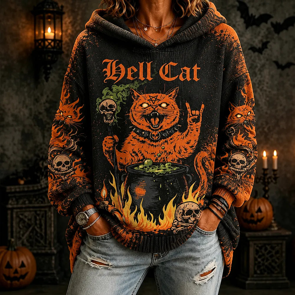 Women's Halloween Pullover Hoodie - Hell Cat, Witch Cauldron, Skulls & Fire Print