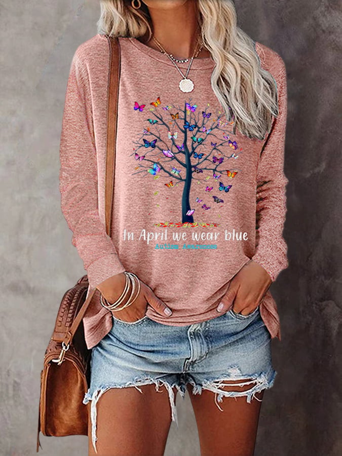 Butterfly Tree Autism Awareness In April We Wear Blue Long Sleeve Print T-Shirt