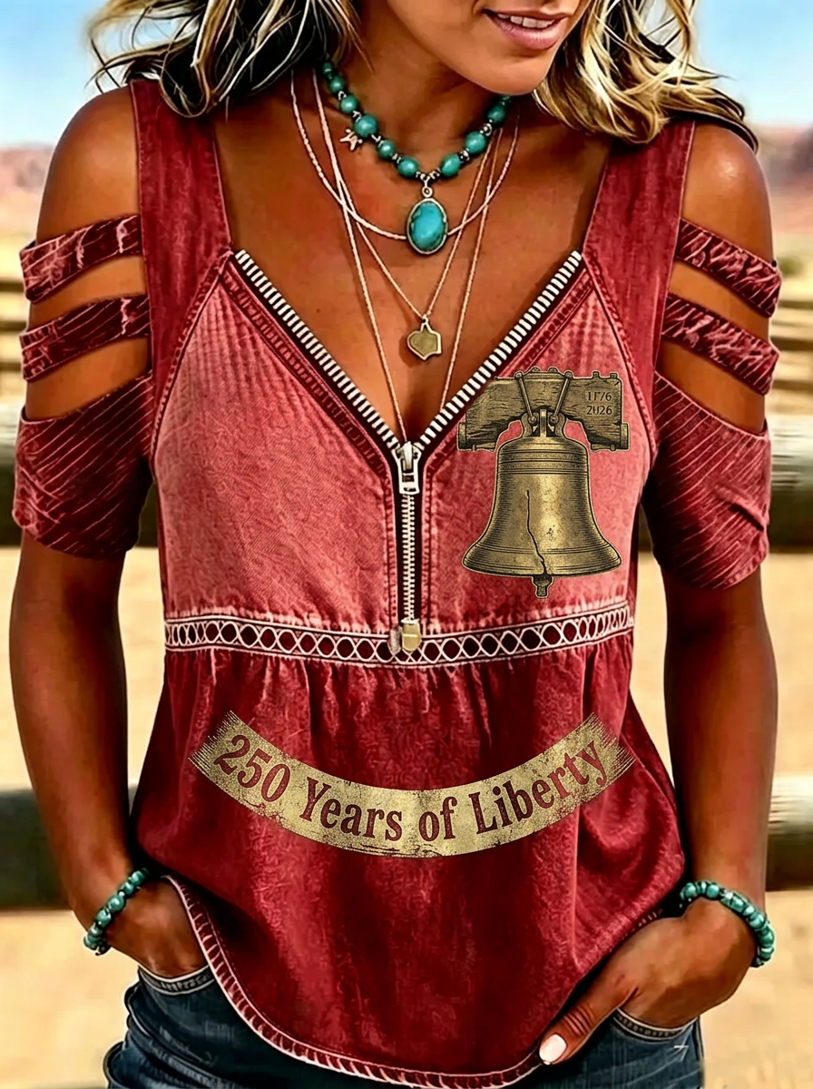 Women's Western Independence Day Liberty Bell 250 Years Printed T-shirt