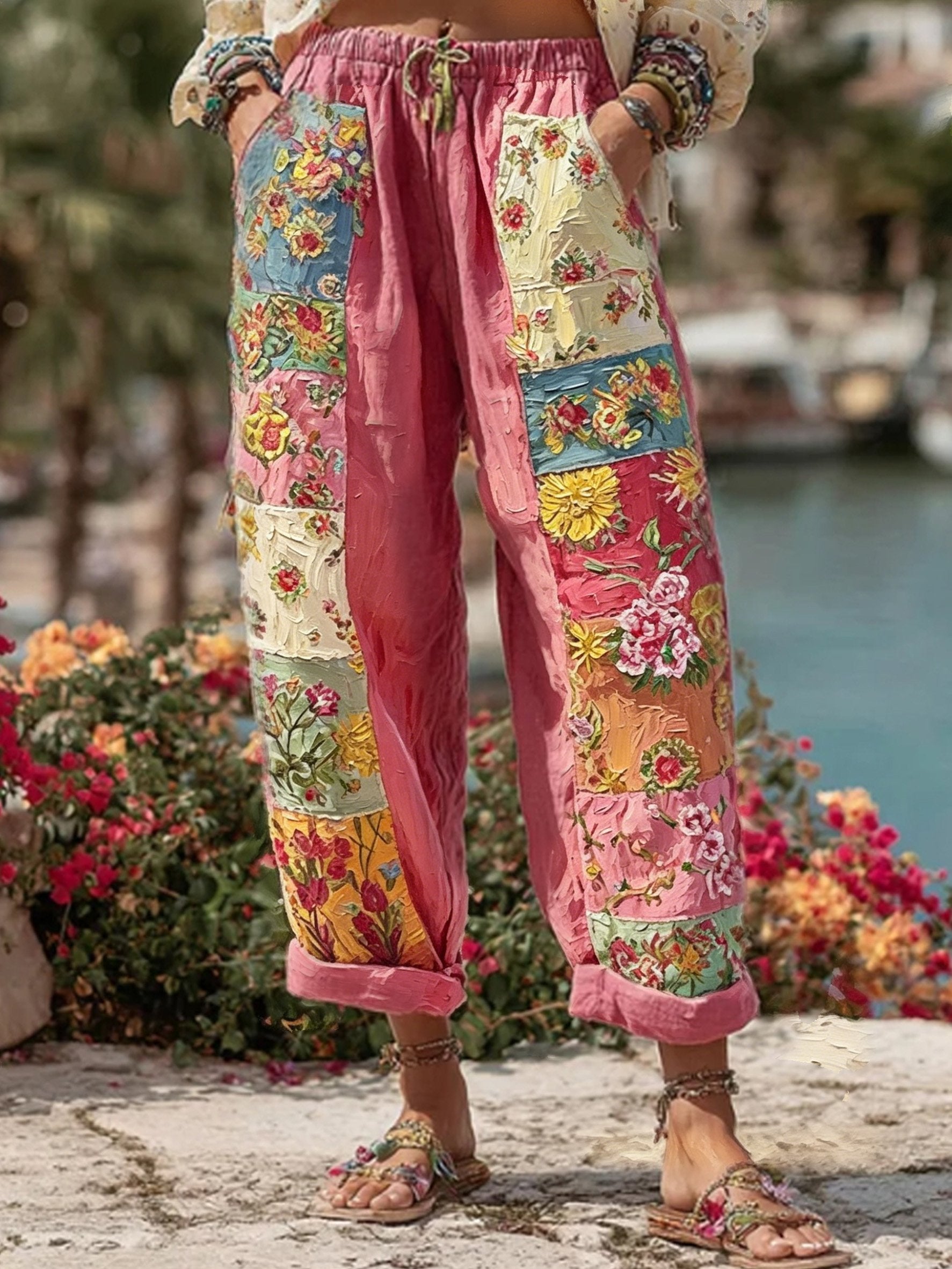 Women's Pink Oil-Painting Floral Print Casual Trousers