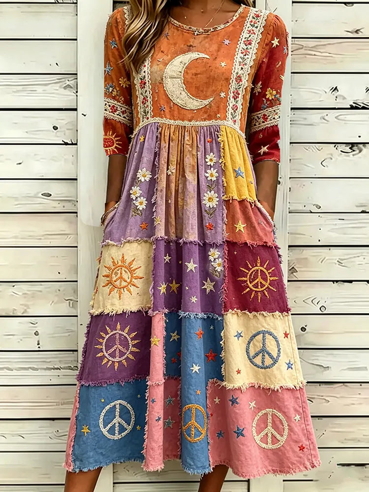 Women's Vintage Hippie Sun Moon Stars And Floral Art Cotton Linen Patchwork Crew Neck Dress