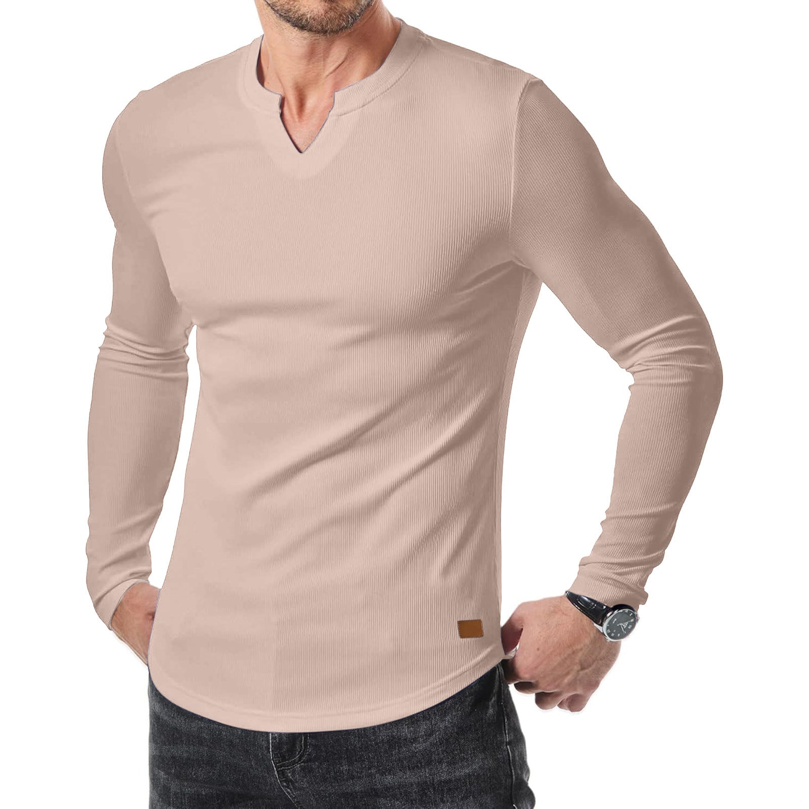 Men's Plain Casual V-Neck Long Sleeve T-Shirt