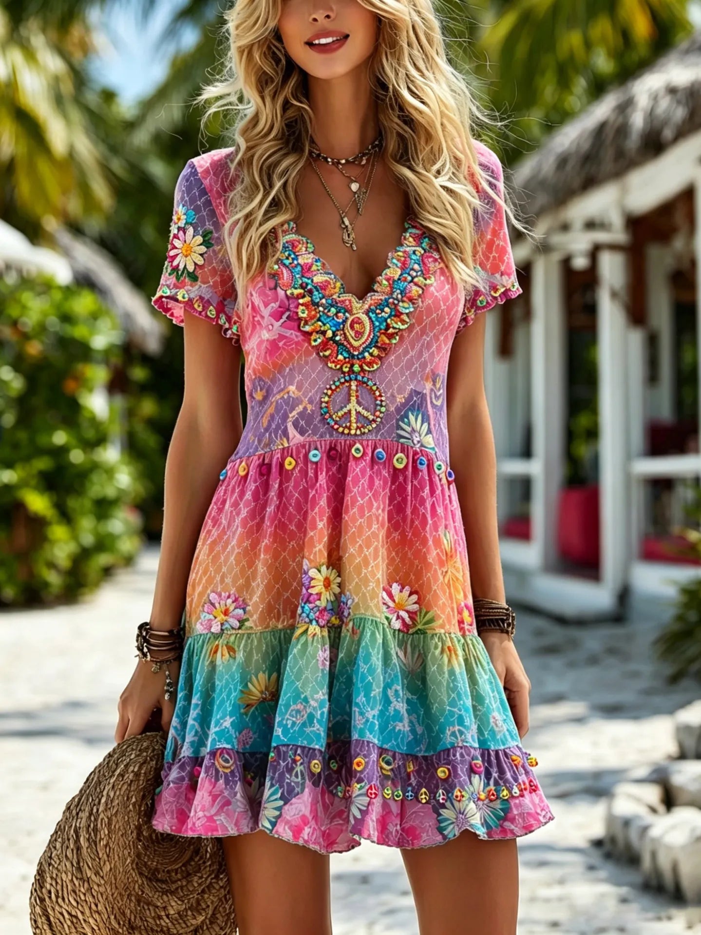 Women's Hippie Peace Symbol Gradient Midi Dress