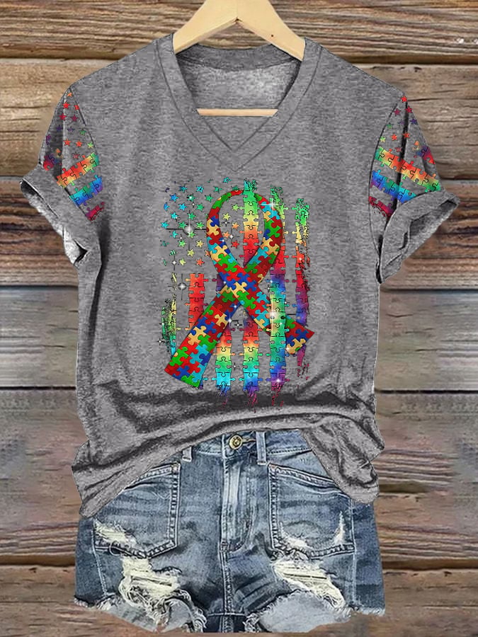 Women’s Retro Autism Awareness Colorful Puzzle Pieces Ribbon American Flag Print V-Neck T-Shirt
