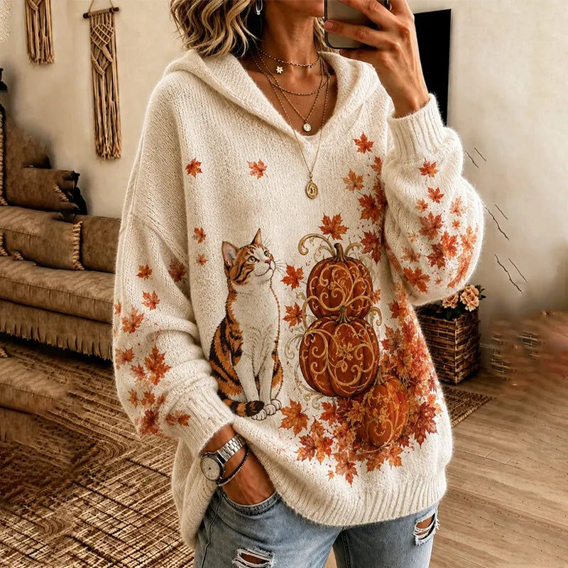 Women's Autumn Sweatshirt With Cat, Pumpkin, And Maple Leaf Pattern