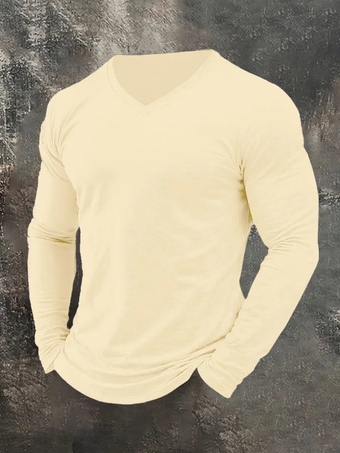 Men's Plain Casual V-Neck Long Sleeve T-Shirt