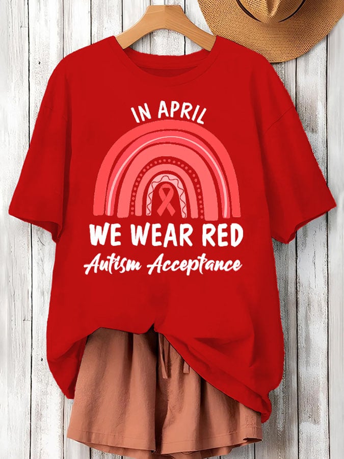 Women's In April We Wear Red Autism Acceptance Printed Short-Sleeved T-Shirt
