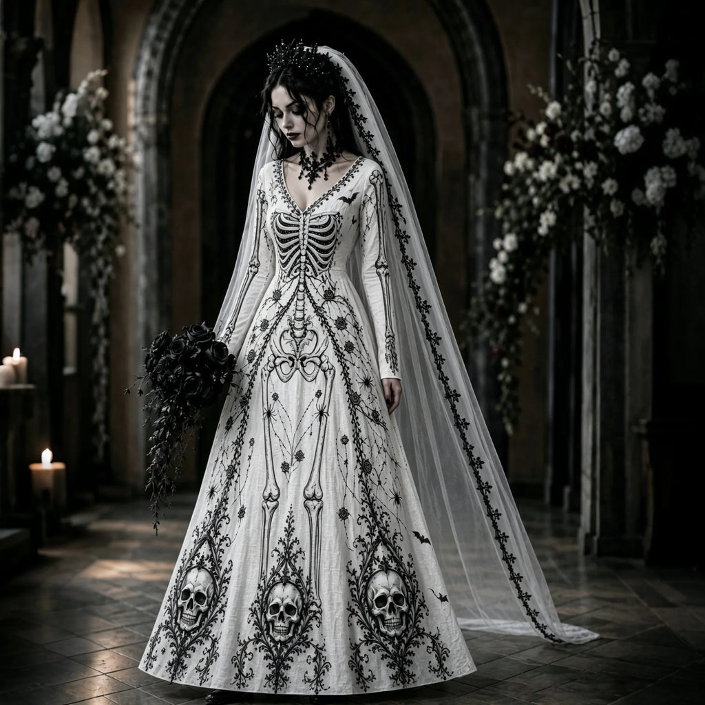 Women's Retro Halloween Gothic Skeleton Art V-neck Maxi Dress