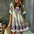 Women's Vintage Floral Art Embroidered Linen Blend Round Neck Mini Dress