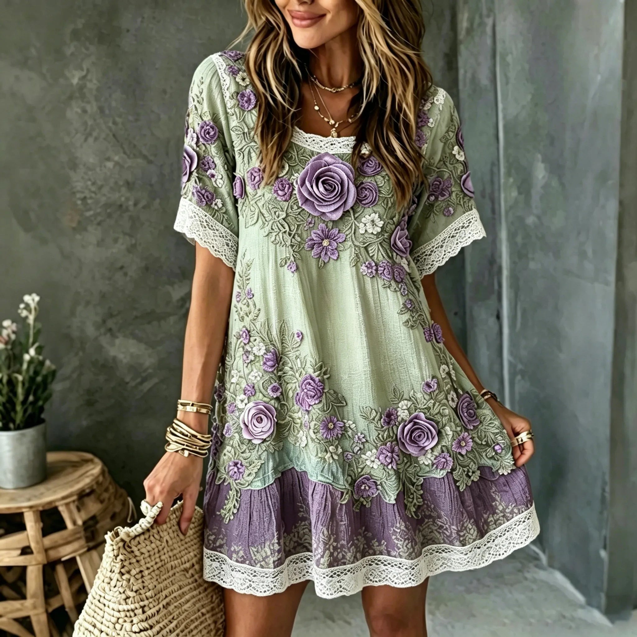 Women's Vintage Floral Art Embroidered Linen Blend Round Neck Mini Dress