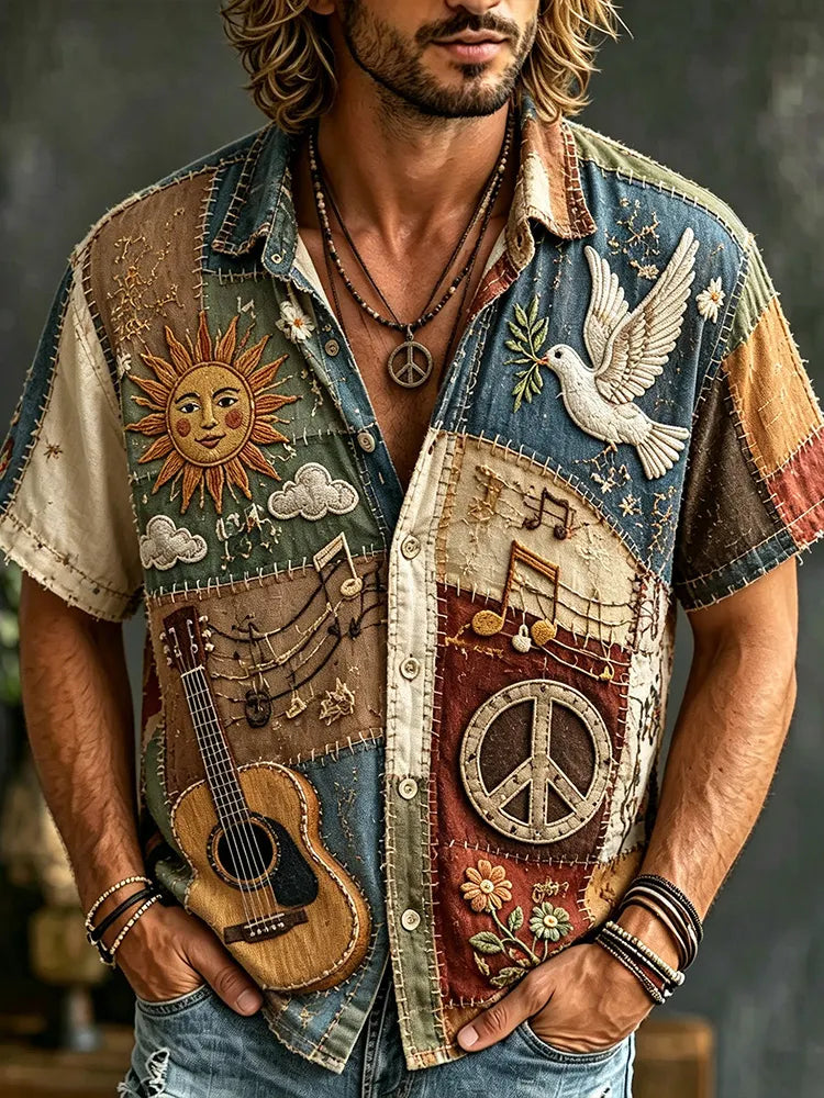 Men's Vintage Hippie Patchwork Peace Sign Guitar Sun Dove 3d Embroidery Button Down Casual Blouse
