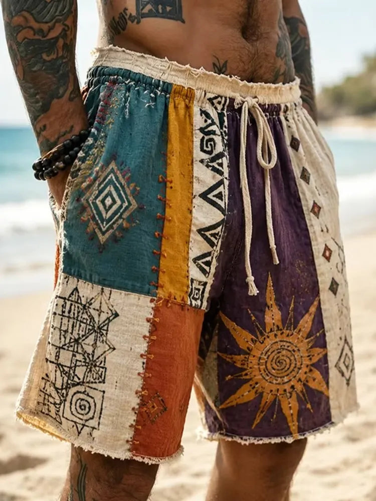 Men's Hippie Sun With Geometry Patchwork Print Casual Shorts