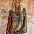 Women's Retro Floral And Dragonfly Art Pattern Linen Long-sleeve T-shirt