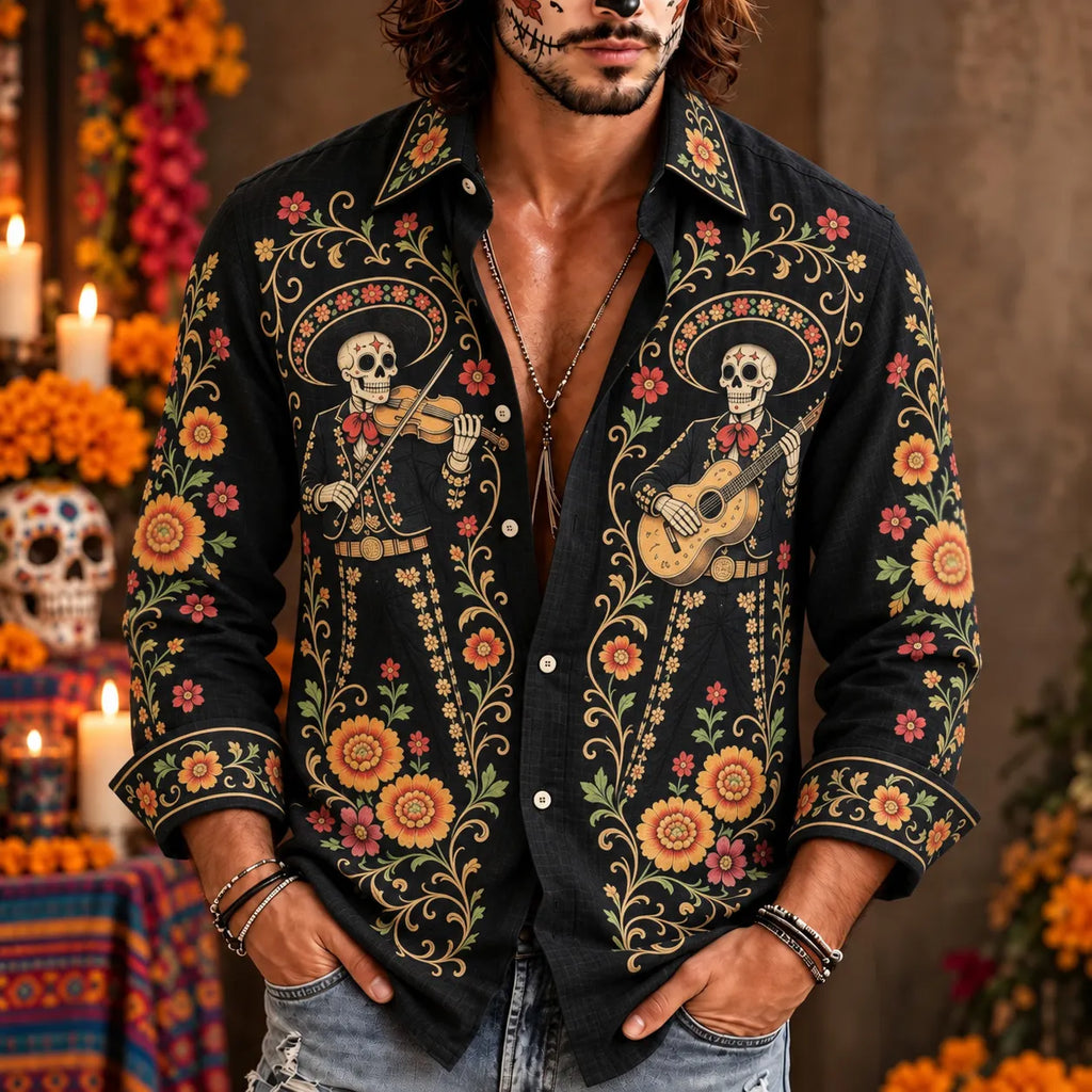 Men‘s Retro Mexico Day Of The Dead Sugar Floral Skull Printed Long-sleeved Shirt
