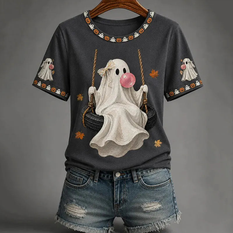 Women’s Fall Halloween Cute Bubble Gum Ghost On Swing Print Casual T-shirt