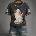 Women’s Fall Halloween Cute Bubble Gum Ghost On Swing Print Casual T-shirt