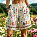 Retro Hippie Colorful Cat Pattern Linen Blend Shorts