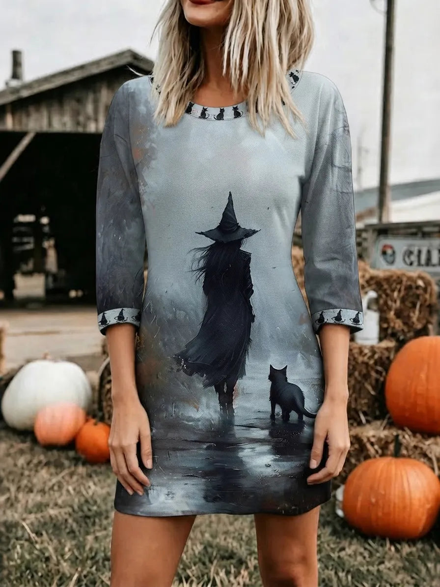 Women's Halloween Wizard And The Black Cat Print Long-sleeve Dress