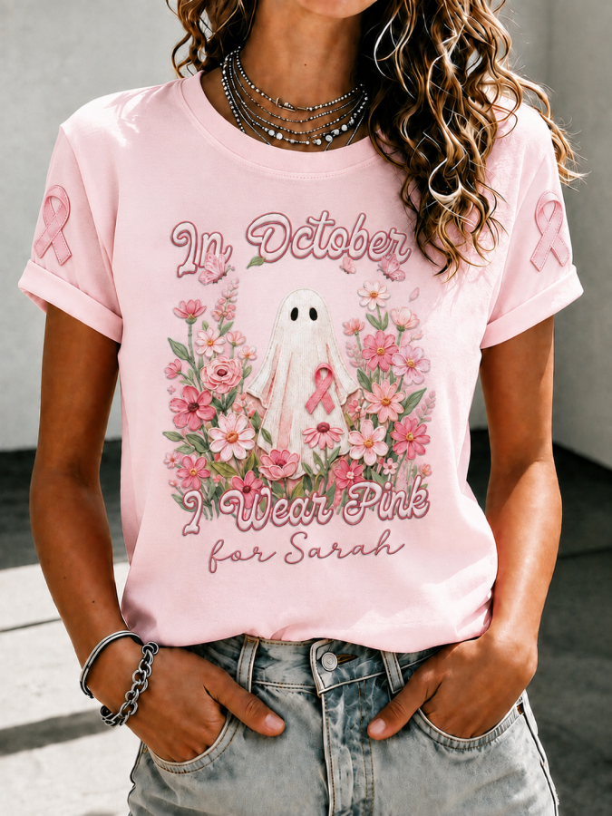 Women'S In October We Wear Pink Printed Casual T-Shirt