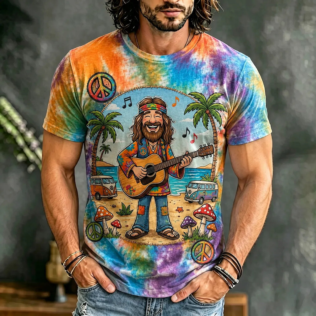Men's Vintage Hippie Art Print Short Sleeve T-shirt