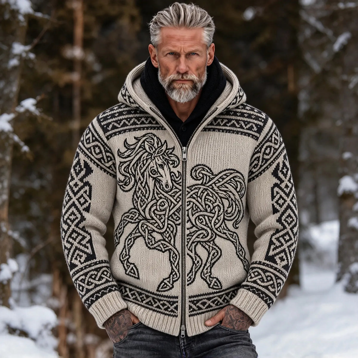 Men's Vintage Nordic-style Knitted Jacquard Zip-up Hooded Cardigan